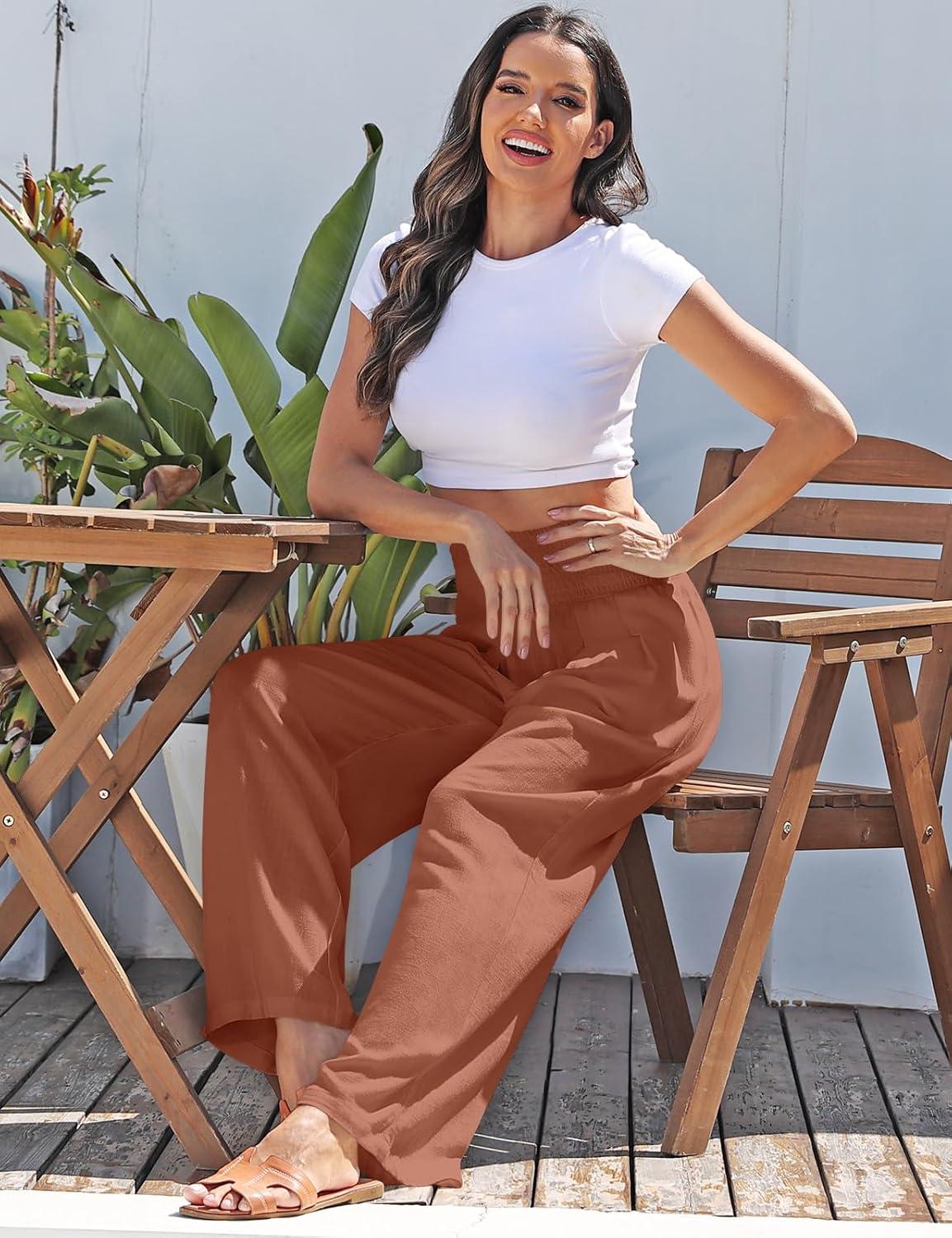 imageTARSE Womens Summer Linen Palazzo Pants Boho High Waisted Wide Leg Casual Long Lounge Pant Trousers with PocketsLight Red Brown