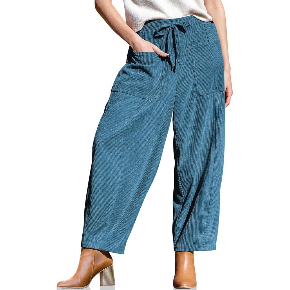 imageTARSE Womens Corduroy Pants Baggy Wide Leg Pants Casual Elastic Waisted Palazzo Harem Pants with PocketsBlue