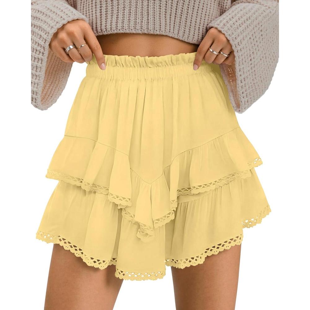 imageTARSE Womens Flowy Shorts High Waist Pleated Mini Skirts Casual Boho Ruffle Tiered Skorts Cute Versatile Fashion ShortsLight Yellow