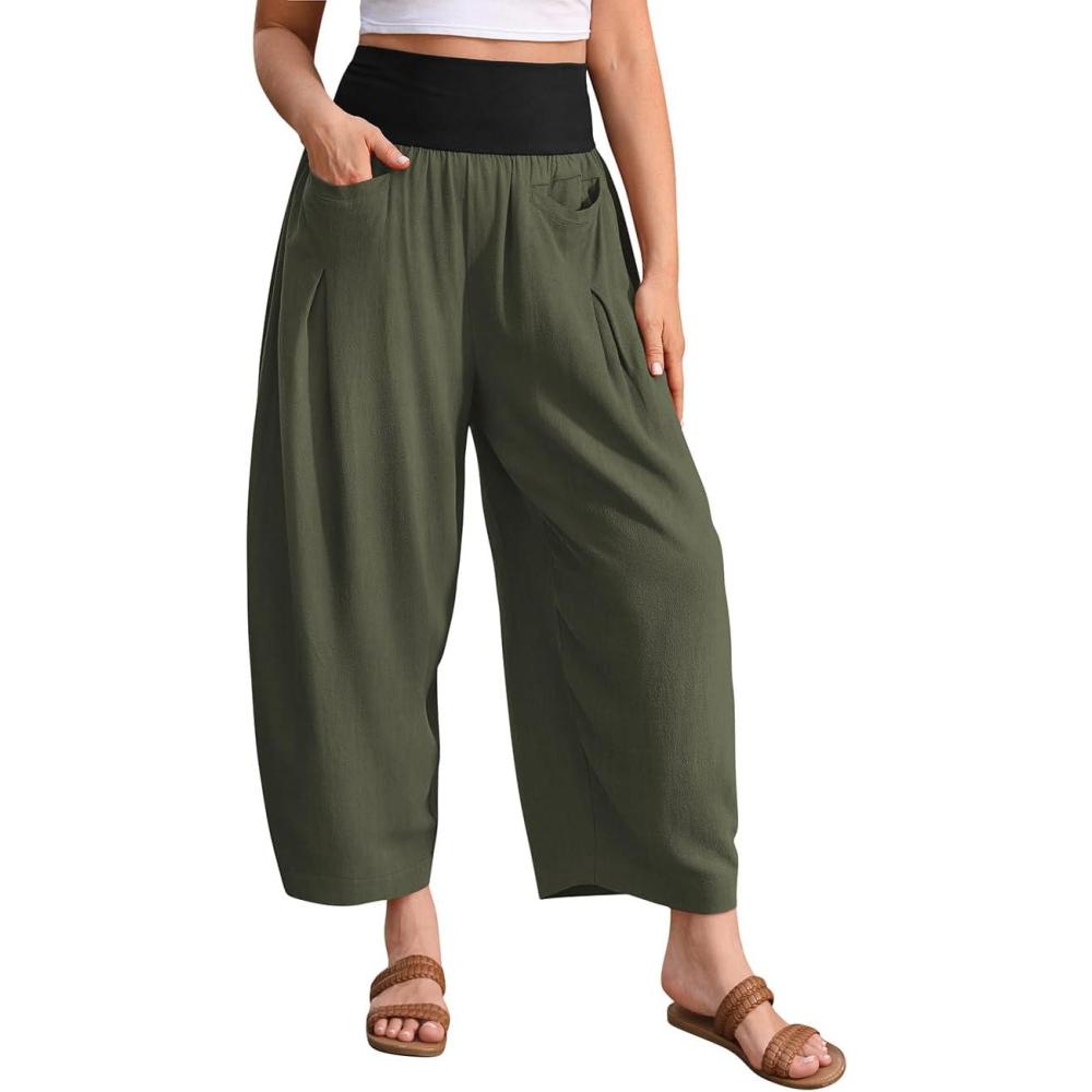 imageTARSE Womens Linen Harem Pants Loose Fit Boho Casual Trousers Wide Leg Lounge Pants with PocketsArmy Green