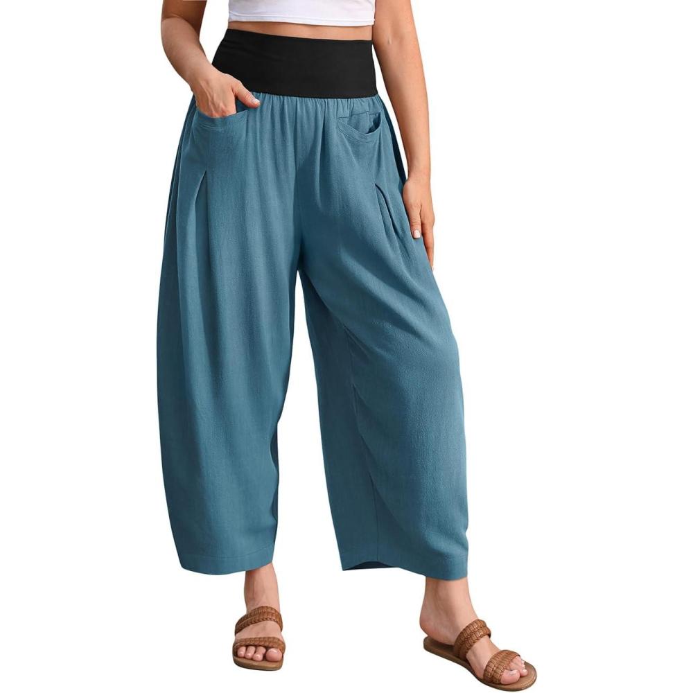 imageTARSE Womens Linen Harem Pants Loose Fit Boho Casual Trousers Wide Leg Lounge Pants with PocketsLakeblue