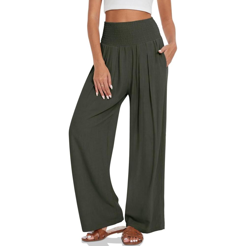 imageTARSE Womens Summer Linen Palazzo Pants Boho High Waisted Wide Leg Casual Long Lounge Pant Trousers with PocketsArmy Green