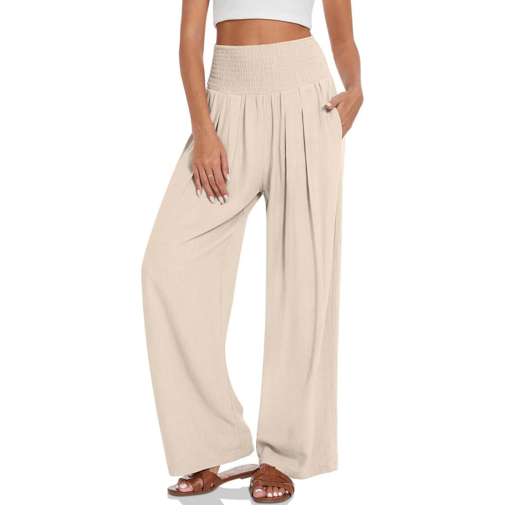 imageTARSE Womens Summer Linen Palazzo Pants Boho High Waisted Wide Leg Casual Long Lounge Pant Trousers with PocketsLight Khaki