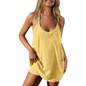 TARSE Athletic Dress for Women Casual Sleeveless Spaghetti Strap Sundress Workout Short Tennis Dress with Pockets(Light Yellow)