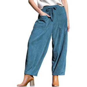 TARSE Women’s Corduroy Pants Baggy Wide Leg Pants Casual Elastic Waisted Palazzo Harem Pants with Pockets(Blue)