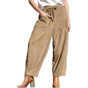 TARSE Women’s Corduroy Pants Baggy Wide Leg Pants Casual Elastic Waisted Palazzo Harem Pants with Pockets(Camel)