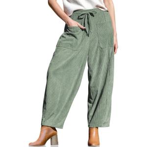 TARSE Women’s Corduroy Pants Baggy Wide Leg Pants Casual Elastic Waisted Palazzo Harem Pants with Pockets(Lightarmygreen)