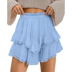 TARSE Womens Flowy Shorts High Waist Pleated Mini Skirts Casual Boho Ruffle Tiered Skorts Cute Versatile Fashion Shorts(Aqua Blue)