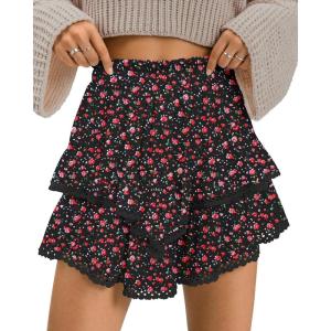 TARSE Womens Flowy Shorts High Waist Pleated Mini Skirts Casual Boho Ruffle Tiered Skorts Cute Versatile Fashion Shorts(Floral Black Pink)