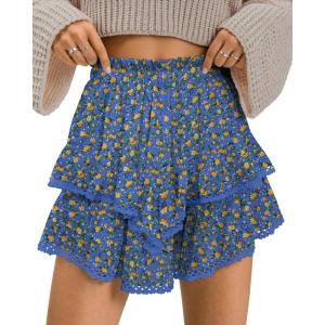 TARSE Womens Flowy Shorts High Waist Pleated Mini Skirts Casual Boho Ruffle Tiered Skorts Cute Versatile Fashion Shorts(Floral Blue Yellow)