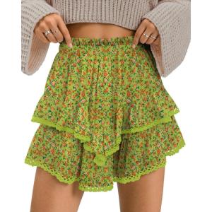 TARSE Womens Flowy Shorts High Waist Pleated Mini Skirts Casual Boho Ruffle Tiered Skorts Cute Versatile Fashion Shorts(Floral Green Yellow)