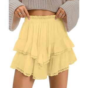 TARSE Womens Flowy Shorts High Waist Pleated Mini Skirts Casual Boho Ruffle Tiered Skorts Cute Versatile Fashion Shorts(Light Yellow)