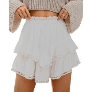 TARSE Womens Flowy Shorts High Waist Pleated Mini Skirts Casual Boho Ruffle Tiered Skorts Cute Versatile Fashion Shorts(Milky White)