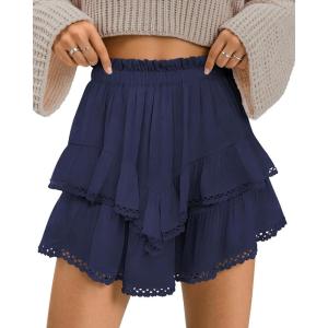 TARSE Womens Flowy Shorts High Waist Pleated Mini Skirts Casual Boho Ruffle Tiered Skorts Cute Versatile Fashion Shorts(Navy)