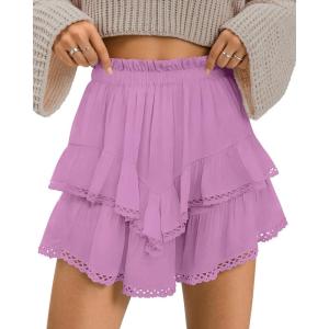 TARSE Womens Flowy Shorts High Waist Pleated Mini Skirts Casual Boho Ruffle Tiered Skorts Cute Versatile Fashion Shorts(Pink Purple)