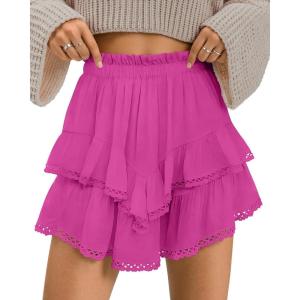 TARSE Womens Flowy Shorts High Waist Pleated Mini Skirts Casual Boho Ruffle Tiered Skorts Cute Versatile Fashion Shorts(Rose)