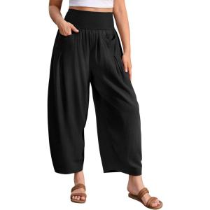 TARSE Women’s Linen Harem Pants Loose Fit Boho Casual Trousers Wide Leg Lounge Pants with Pockets(Black)