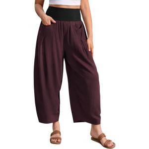 TARSE Women’s Linen Harem Pants Loose Fit Boho Casual Trousers Wide Leg Lounge Pants with Pockets(Jujube Red)