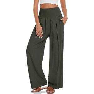 TARSE Womens Summer Linen Palazzo Pants Boho High Waisted Wide Leg Casual Long Lounge Pant Trousers with Pockets(Army Green)