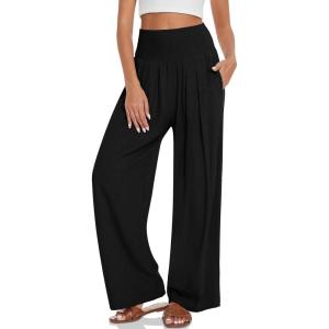 TARSE Womens Summer Linen Palazzo Pants Boho High Waisted Wide Leg Casual Long Lounge Pant Trousers with Pockets(Black)