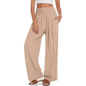 TARSE Womens Summer Linen Palazzo Pants Boho High Waisted Wide Leg Casual Long Lounge Pant Trousers with Pockets(Light Coffee)