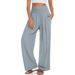 TARSE Womens Summer Linen Palazzo Pants Boho High Waisted Wide Leg Casual Long Lounge Pant Trousers with Pockets(Light Gray Blue)