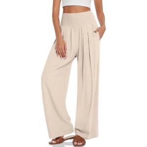 TARSE Womens Summer Linen Palazzo Pants Boho High Waisted Wide Leg Casual Long Lounge Pant Trousers with Pockets(Light Khaki)
