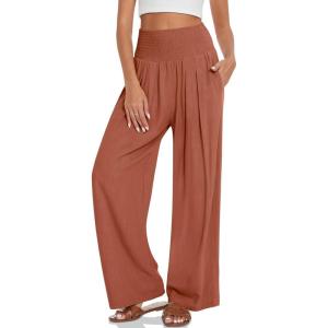 TARSE Womens Summer Linen Palazzo Pants Boho High Waisted Wide Leg Casual Long Lounge Pant Trousers with Pockets(Light Red Brown)