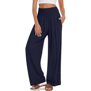 TARSE Womens Summer Linen Palazzo Pants Boho High Waisted Wide Leg Casual Long Lounge Pant Trousers with Pockets(Navy)