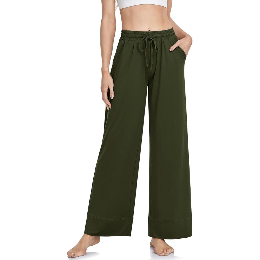 imageTARSE Wide Leg Yoga Pants for Women Plus Size Palazzo Trousers High Waist Lounge Pajamas Pants Casual Sweatpants with PocketsArmy Green