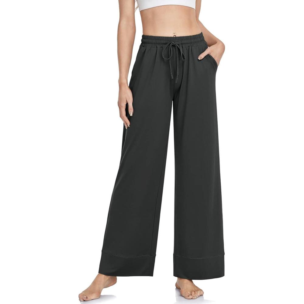 imageTARSE Wide Leg Yoga Pants for Women Plus Size Palazzo Trousers High Waist Lounge Pajamas Pants Casual Sweatpants with PocketsDark Gray