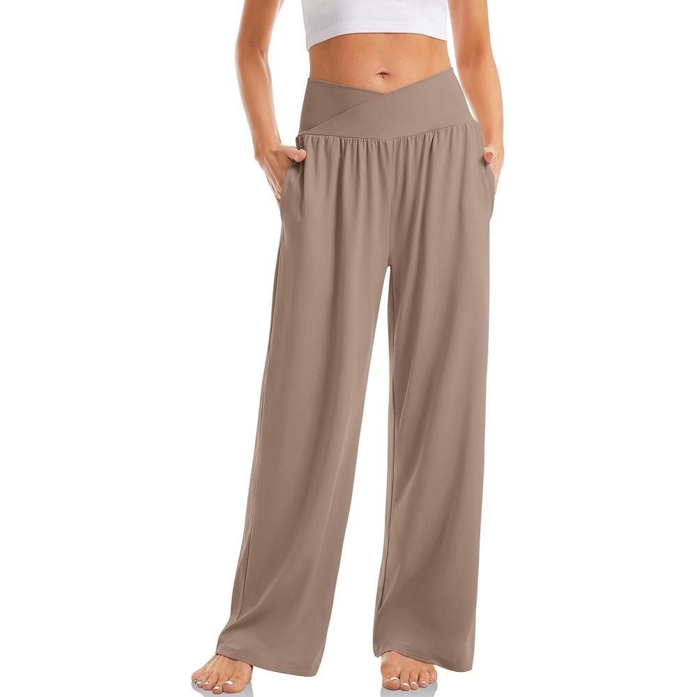 imageTARSE Womens Wide Leg Casual Loose Pants Yoga Sweatpants Comfy Crossover High Waisted Lounge Pajama Flowy Pants with PocketsLight Coffee
