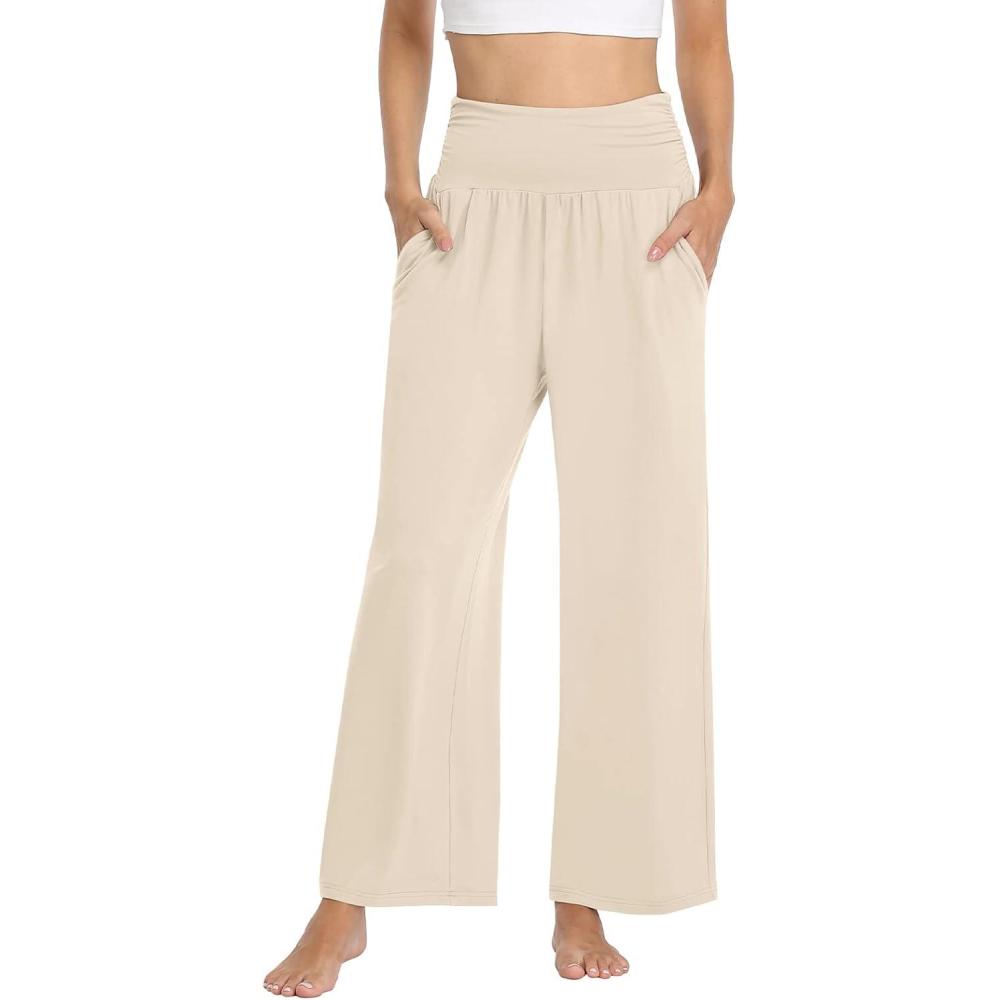 imageTARSE Womens Wide Leg Pants Casual Loose Yoga Sweatpants Comfy Lounge Pajama Flowy Pants PocketsCasual Beige