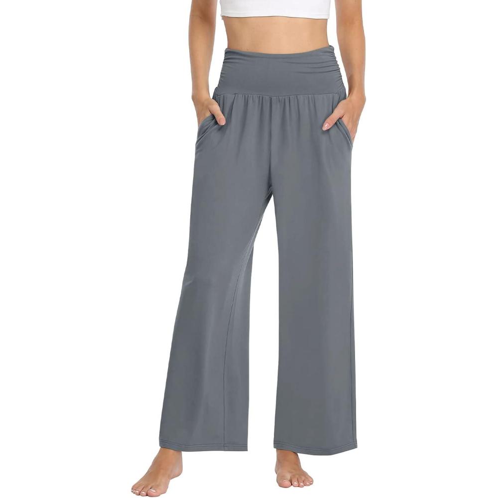 imageTARSE Womens Wide Leg Pants Casual Loose Yoga Sweatpants Comfy Lounge Pajama Flowy Pants PocketsMedium Gray