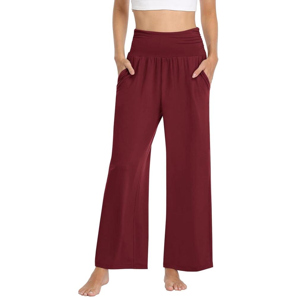 imageTARSE Womens Wide Leg Pants Casual Loose Yoga Sweatpants Comfy Lounge Pajama Flowy Pants PocketsWine Red