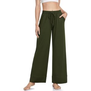 TARSE Wide Leg Yoga Pants for Women Plus Size Palazzo Trousers High Waist Lounge Pajamas Pants Casual Sweatpants with Pockets(Army Green)