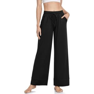 TARSE Wide Leg Yoga Pants for Women Plus Size Palazzo Trousers High Waist Lounge Pajamas Pants Casual Sweatpants with Pockets(Black)