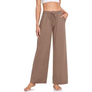 TARSE Wide Leg Yoga Pants for Women Plus Size Palazzo Trousers High Waist Lounge Pajamas Pants Casual Sweatpants with Pockets(Light Coffee)