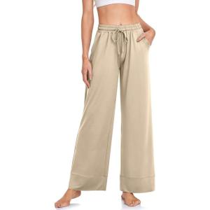 TARSE Wide Leg Yoga Pants for Women Plus Size Palazzo Trousers High Waist Lounge Pajamas Pants Casual Sweatpants with Pockets(Light Khaki)