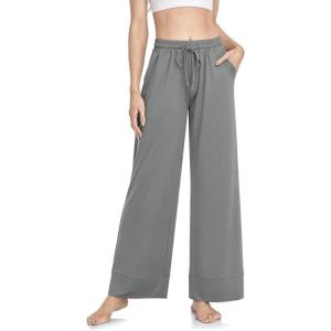 TARSE Wide Leg Yoga Pants for Women Plus Size Palazzo Trousers High Waist Lounge Pajamas Pants Casual Sweatpants with Pockets(Mid Gray)