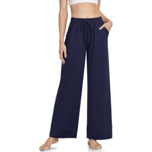 TARSE Wide Leg Yoga Pants for Women Plus Size Palazzo Trousers High Waist Lounge Pajamas Pants Casual Sweatpants with Pockets(Navy)