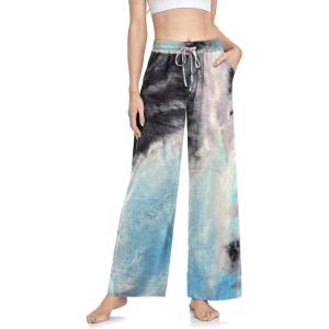 TARSE Wide Leg Yoga Pants for Women Plus Size Palazzo Trousers High Waist Lounge Pajamas Pants Casual Sweatpants with Pockets(Tie Dye Black Blue)