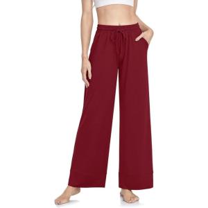 TARSE Wide Leg Yoga Pants for Women Plus Size Palazzo Trousers High Waist Lounge Pajamas Pants Casual Sweatpants with Pockets(Wine)