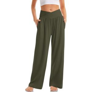 TARSE Women’s Wide Leg Casual Loose Pants Yoga Sweatpants Comfy Crossover High Waisted Lounge Pajama Flowy Pants with Pockets(Army Green)