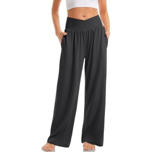 TARSE Women’s Wide Leg Casual Loose Pants Yoga Sweatpants Comfy Crossover High Waisted Lounge Pajama Flowy Pants with Pockets(Dark Gray)