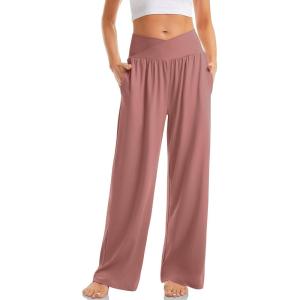 TARSE Women’s Wide Leg Casual Loose Pants Yoga Sweatpants Comfy Crossover High Waisted Lounge Pajama Flowy Pants with Pockets(Dusty Rose)