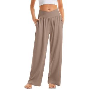TARSE Women’s Wide Leg Casual Loose Pants Yoga Sweatpants Comfy Crossover High Waisted Lounge Pajama Flowy Pants with Pockets(Light Coffee)