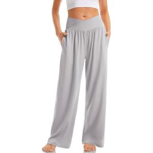 TARSE Women’s Wide Leg Casual Loose Pants Yoga Sweatpants Comfy Crossover High Waisted Lounge Pajama Flowy Pants with Pockets(Light Gray)