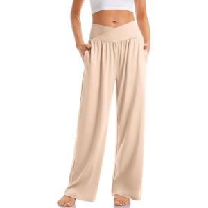 TARSE Women’s Wide Leg Casual Loose Pants Yoga Sweatpants Comfy Crossover High Waisted Lounge Pajama Flowy Pants with Pockets(Light Khaki)