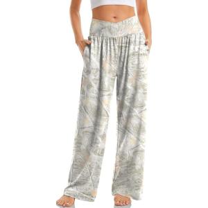 TARSE Women’s Wide Leg Casual Loose Pants Yoga Sweatpants Comfy Crossover High Waisted Lounge Pajama Flowy Pants with Pockets(Mapleleaf Apricot)